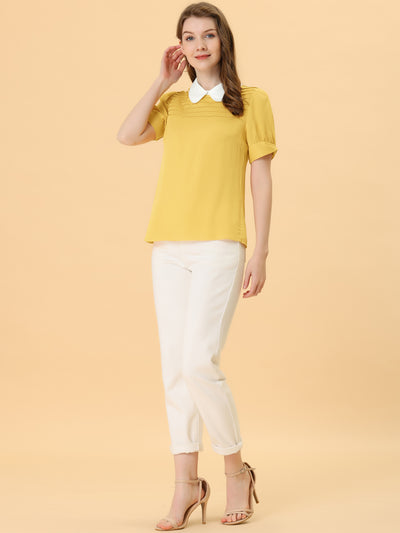 Pleated Contrast Peter Pan Collar Puff Short Sleeve Blouse