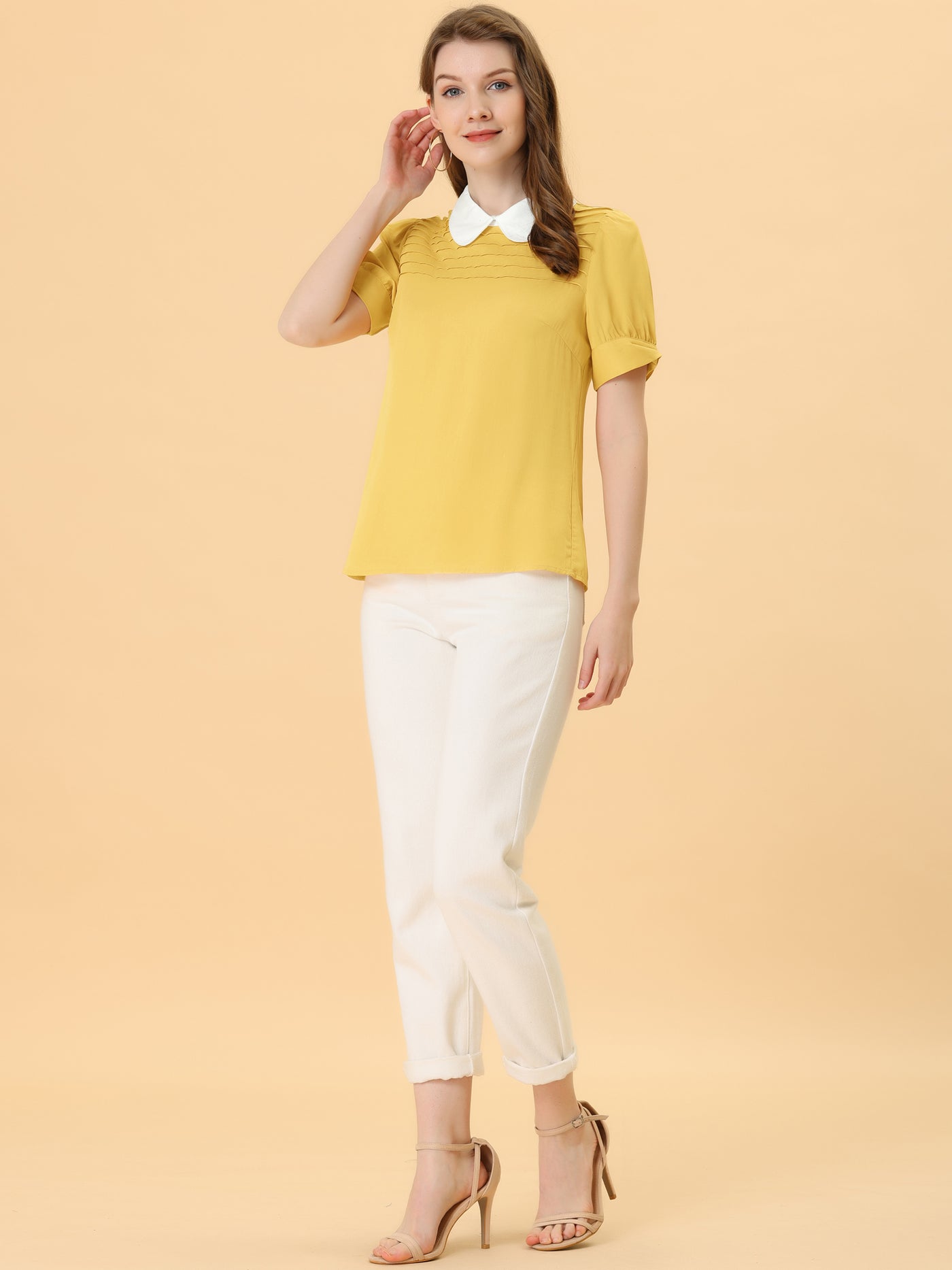 Allegra K Pleated Contrast Peter Pan Collar Puff Short Sleeve Blouse