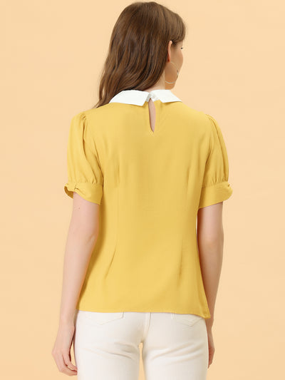 Pleated Contrast Peter Pan Collar Puff Short Sleeve Blouse