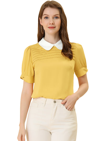 Pleated Contrast Peter Pan Collar Puff Short Sleeve Blouse