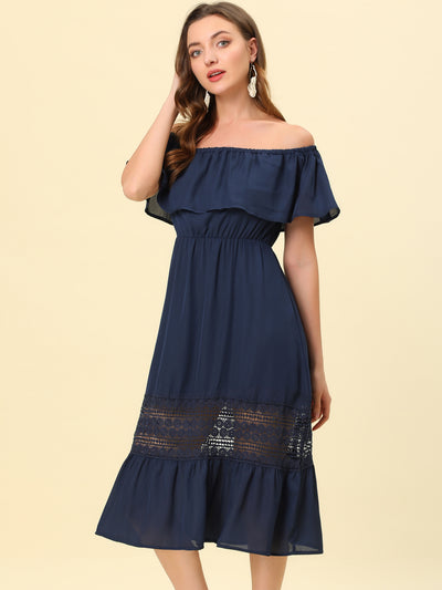 Off The Shoulder Ruffle Lace Insert Beach Party Midi Dress