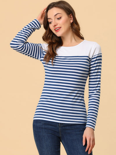 Allegra K Color Block Long Sleeve Round Neck Striped T-Shirt