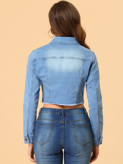 Trendy Frayed Button Up Washed Cropped Denim Jacket