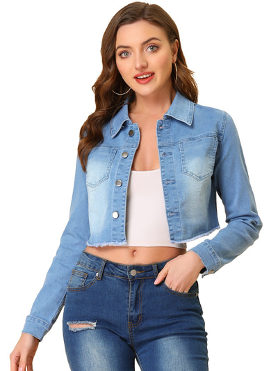 Trendy Frayed Button Up Washed Cropped Denim Jacket