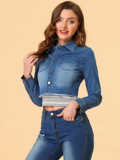 Trendy Frayed Button Up Washed Cropped Denim Jacket