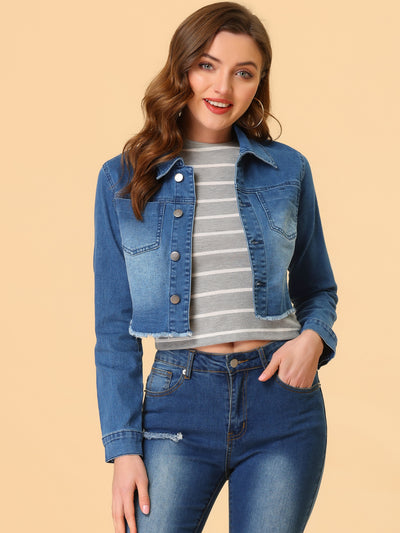 Trendy Frayed Button Up Washed Cropped Denim Jacket