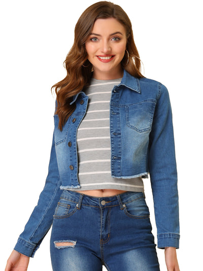 Trendy Frayed Button Up Washed Cropped Denim Jacket