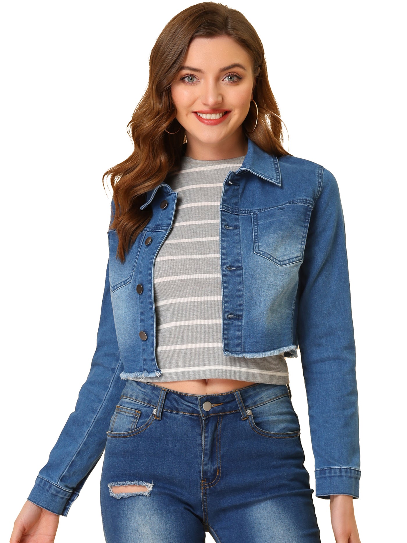 Allegra K Trendy Frayed Button Up Washed Cropped Denim Jacket