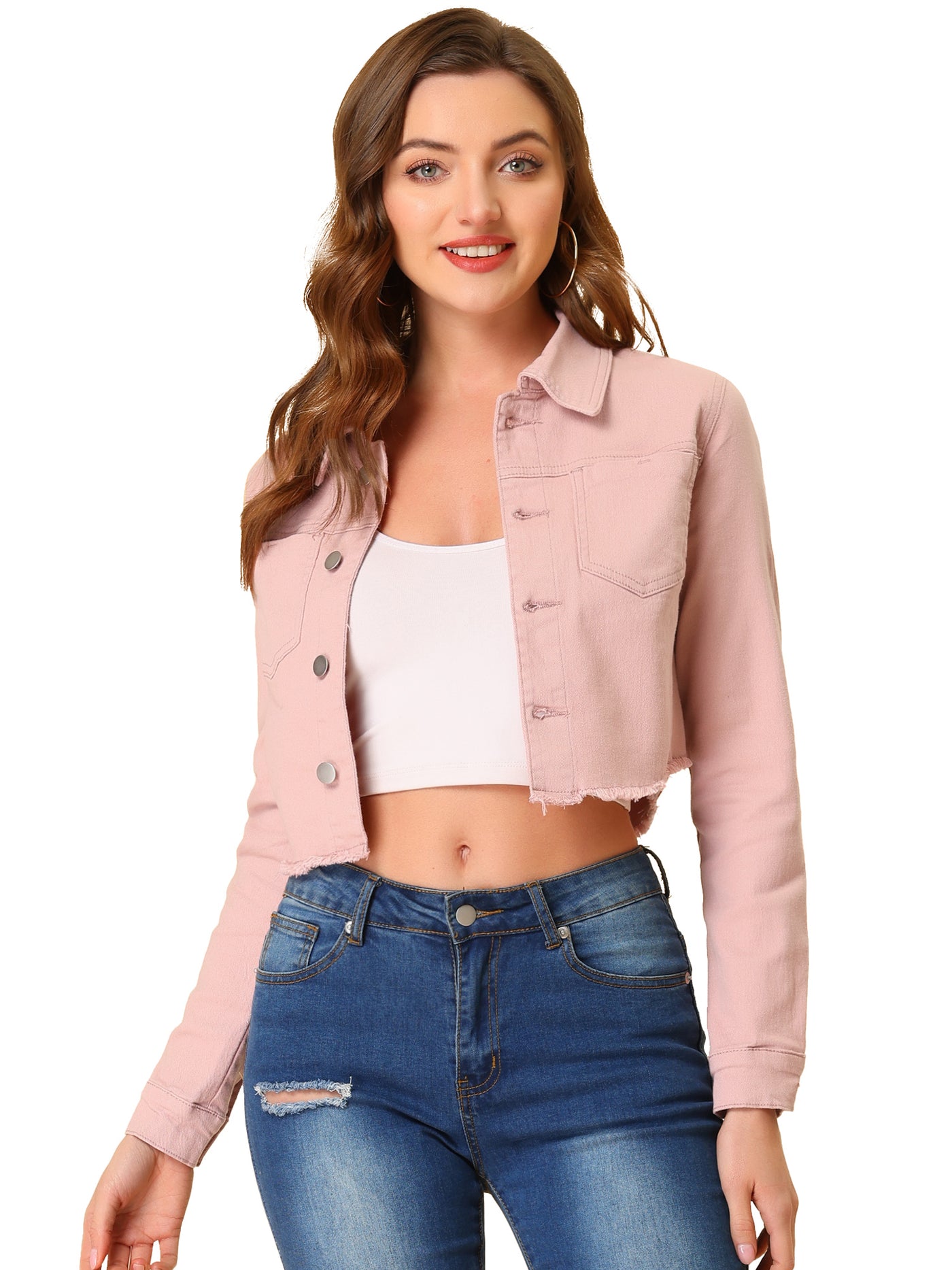 Allegra K Trendy Frayed Button Up Washed Cropped Denim Jacket