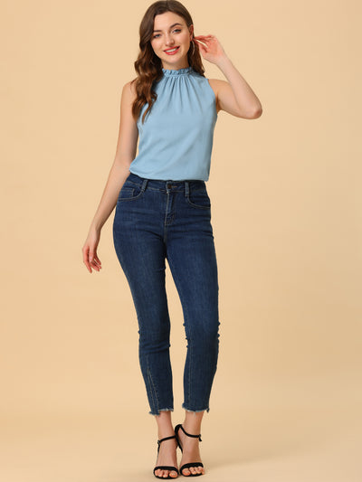 Denim Sleeveless Top Frill Mock Neck Ruffle Chambray Blouse