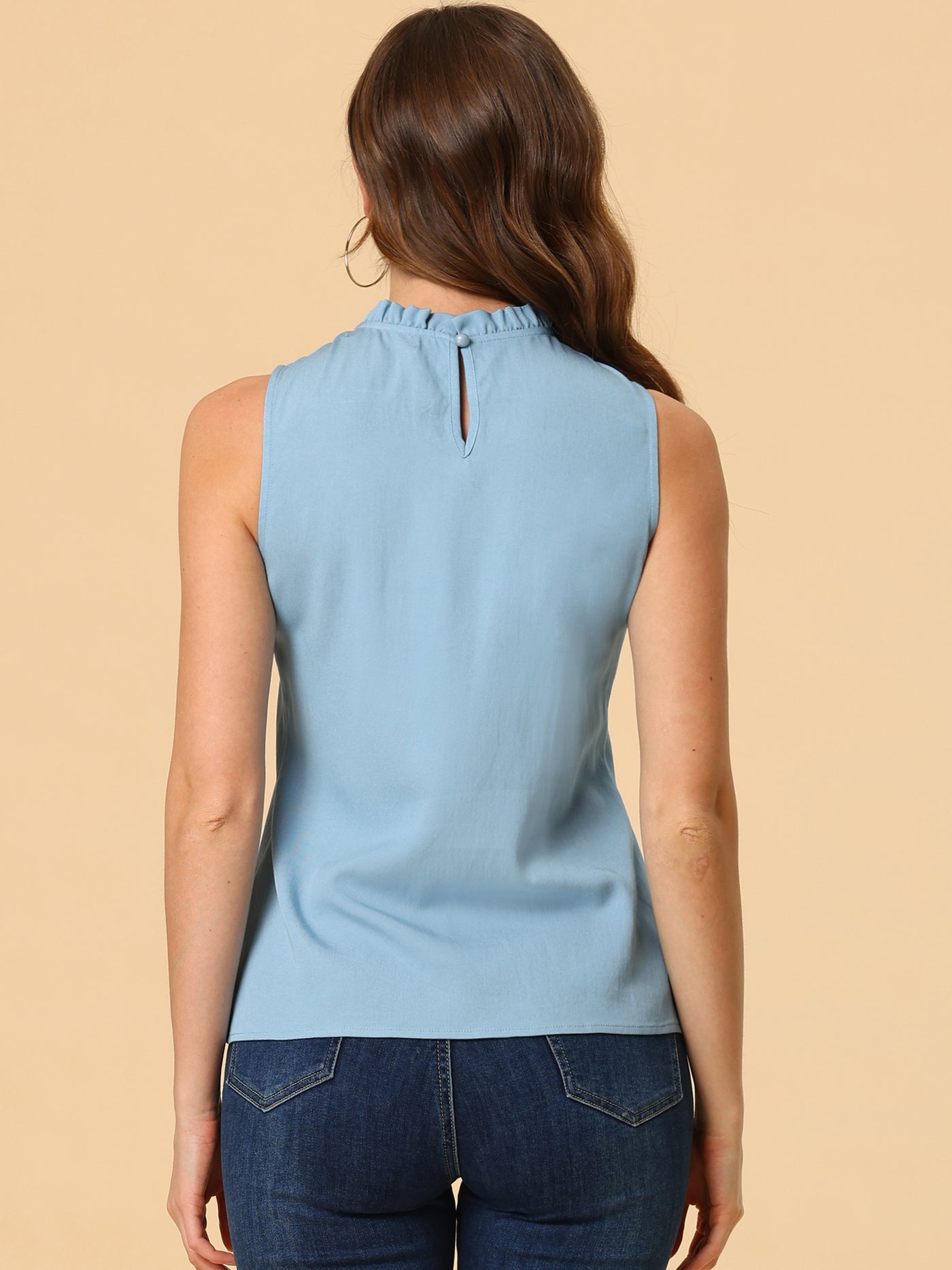 Allegra K Denim Sleeveless Top Frill Mock Neck Ruffle Chambray Blouse