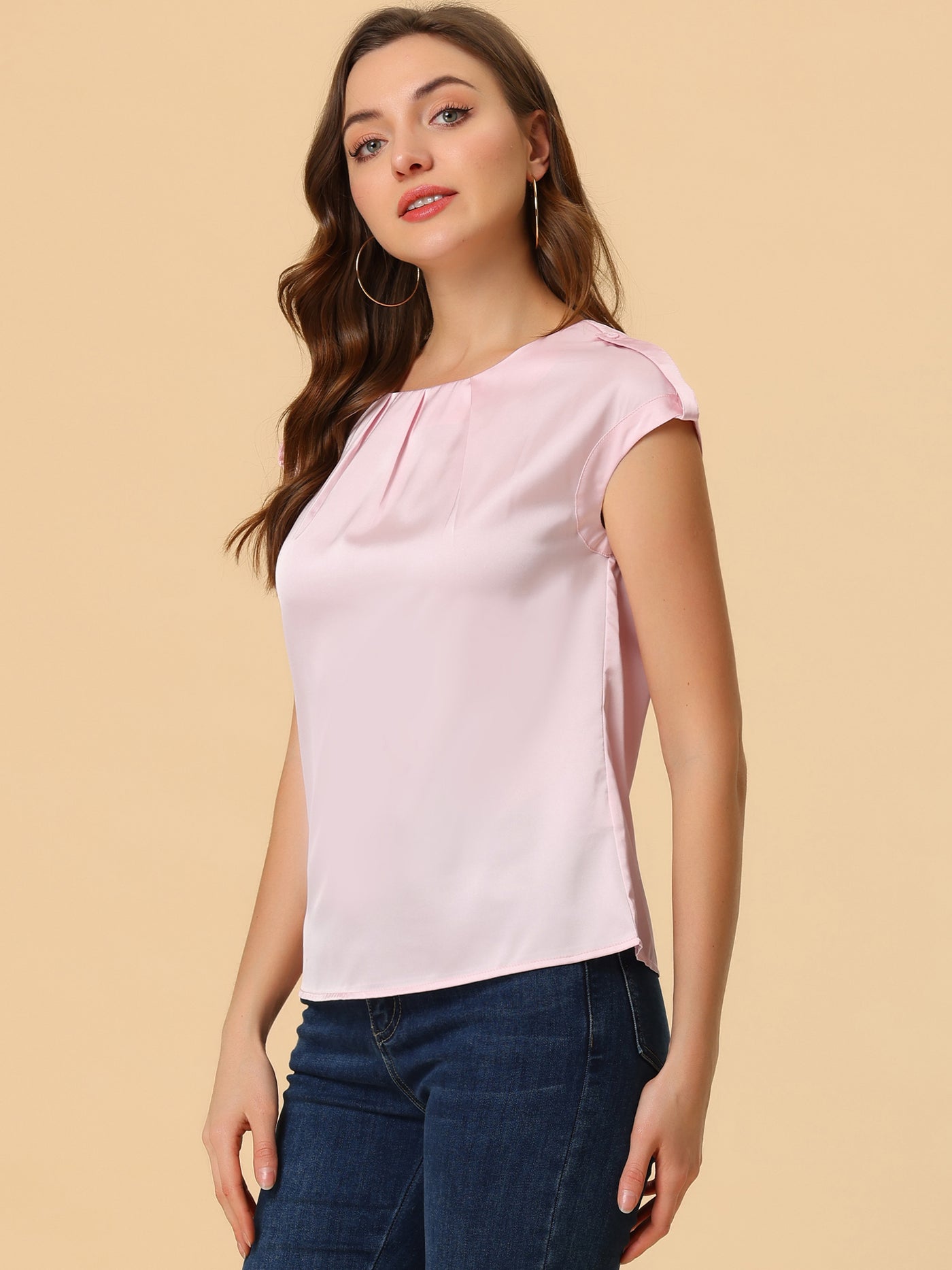 Allegra K Satin Cap Sleeve Top Pleated Casual Work Office Blouse