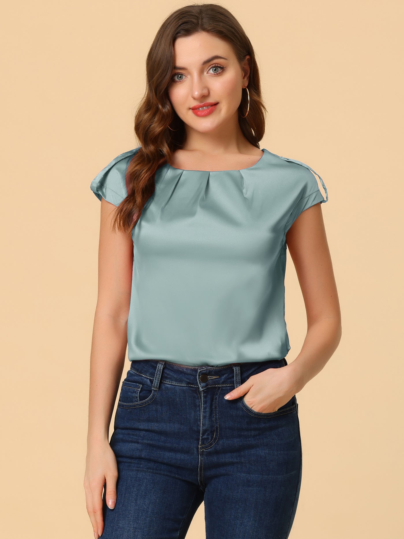 Allegra K Satin Cap Sleeve Top Pleated Casual Work Office Blouse