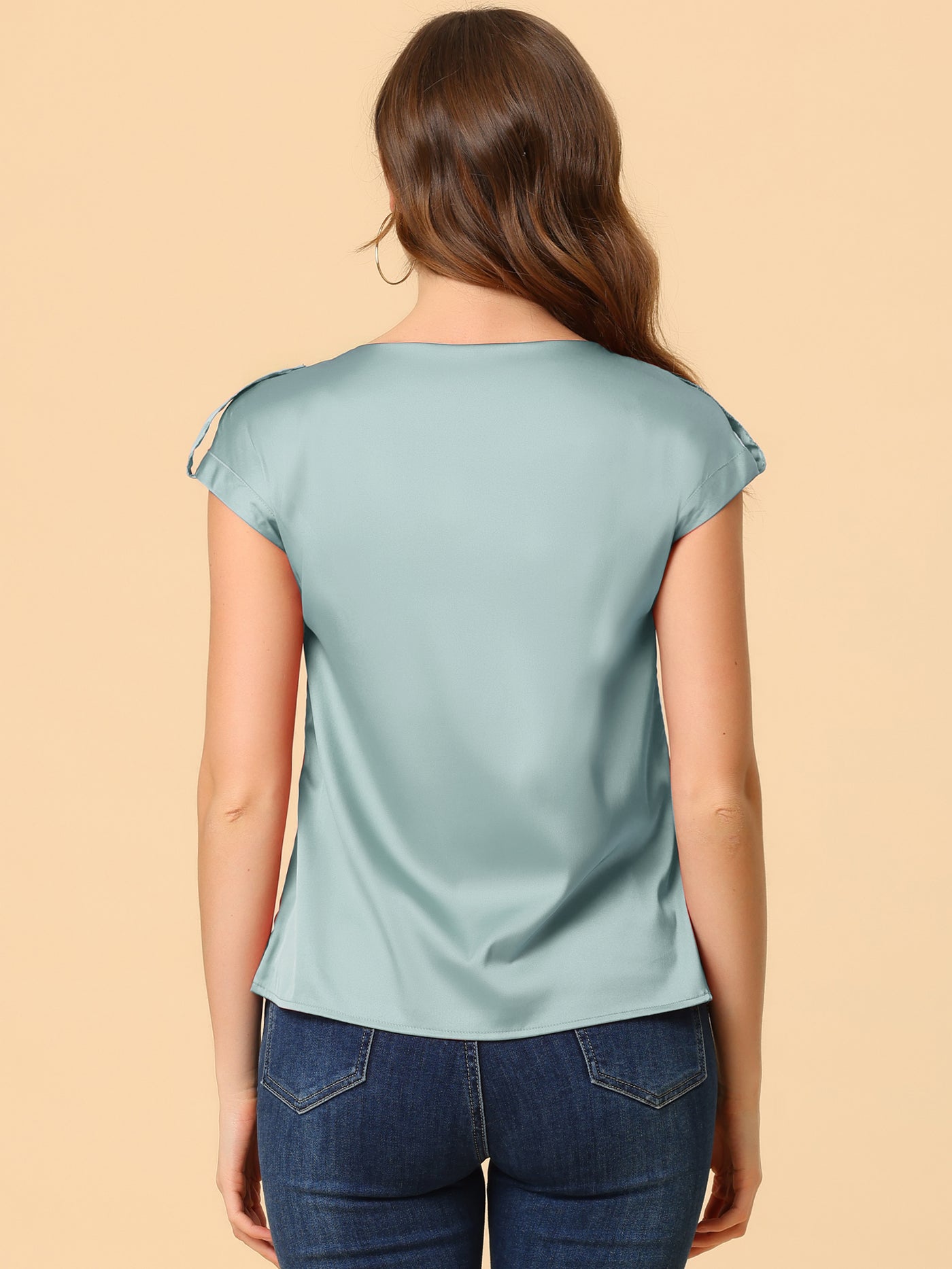 Allegra K Satin Cap Sleeve Top Pleated Casual Work Office Blouse