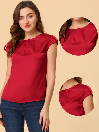 Satin Cap Sleeve Top Pleated Casual Work Office Blouse