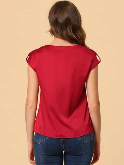 Satin Cap Sleeve Top Pleated Casual Work Office Blouse