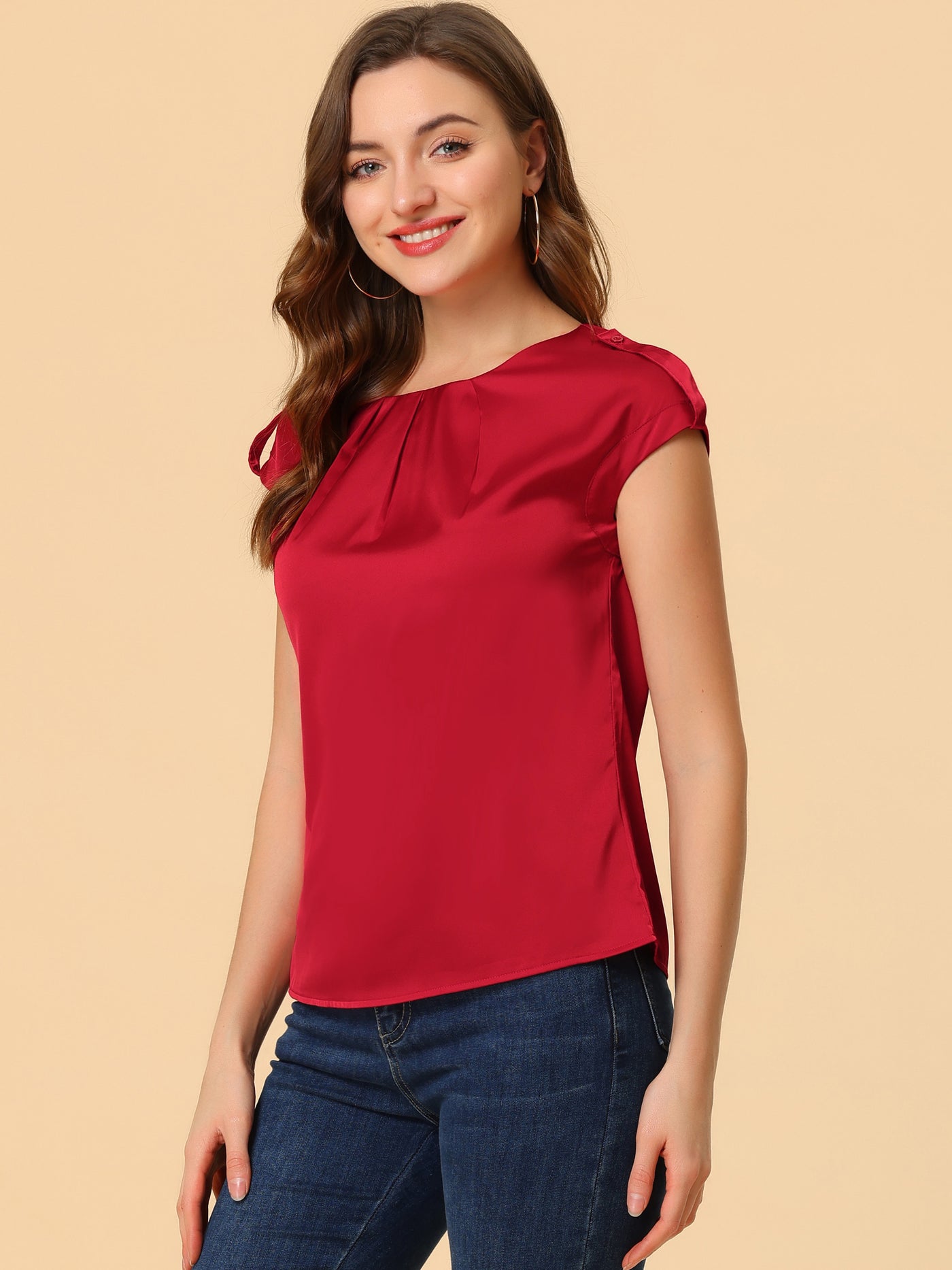 Allegra K Satin Cap Sleeve Top Pleated Casual Work Office Blouse