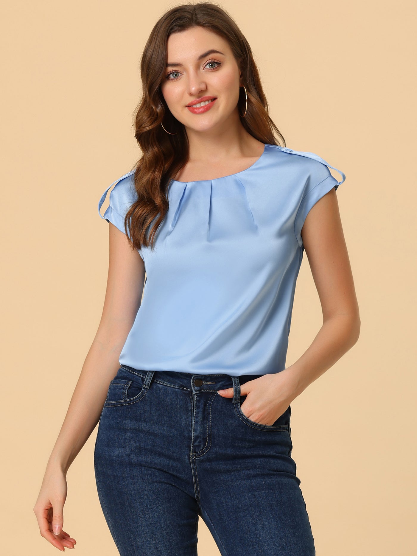 Allegra K Satin Cap Sleeve Top Pleated Casual Work Office Blouse