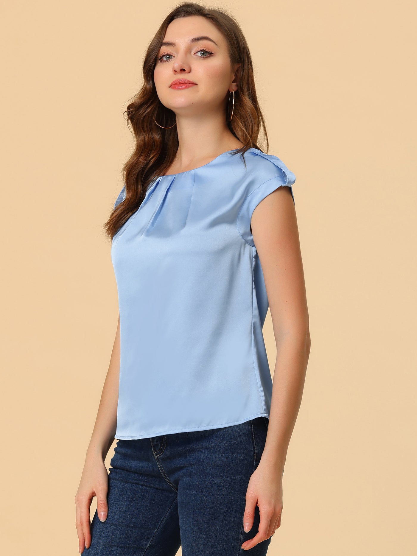 Allegra K Satin Cap Sleeve Top Pleated Casual Work Office Blouse