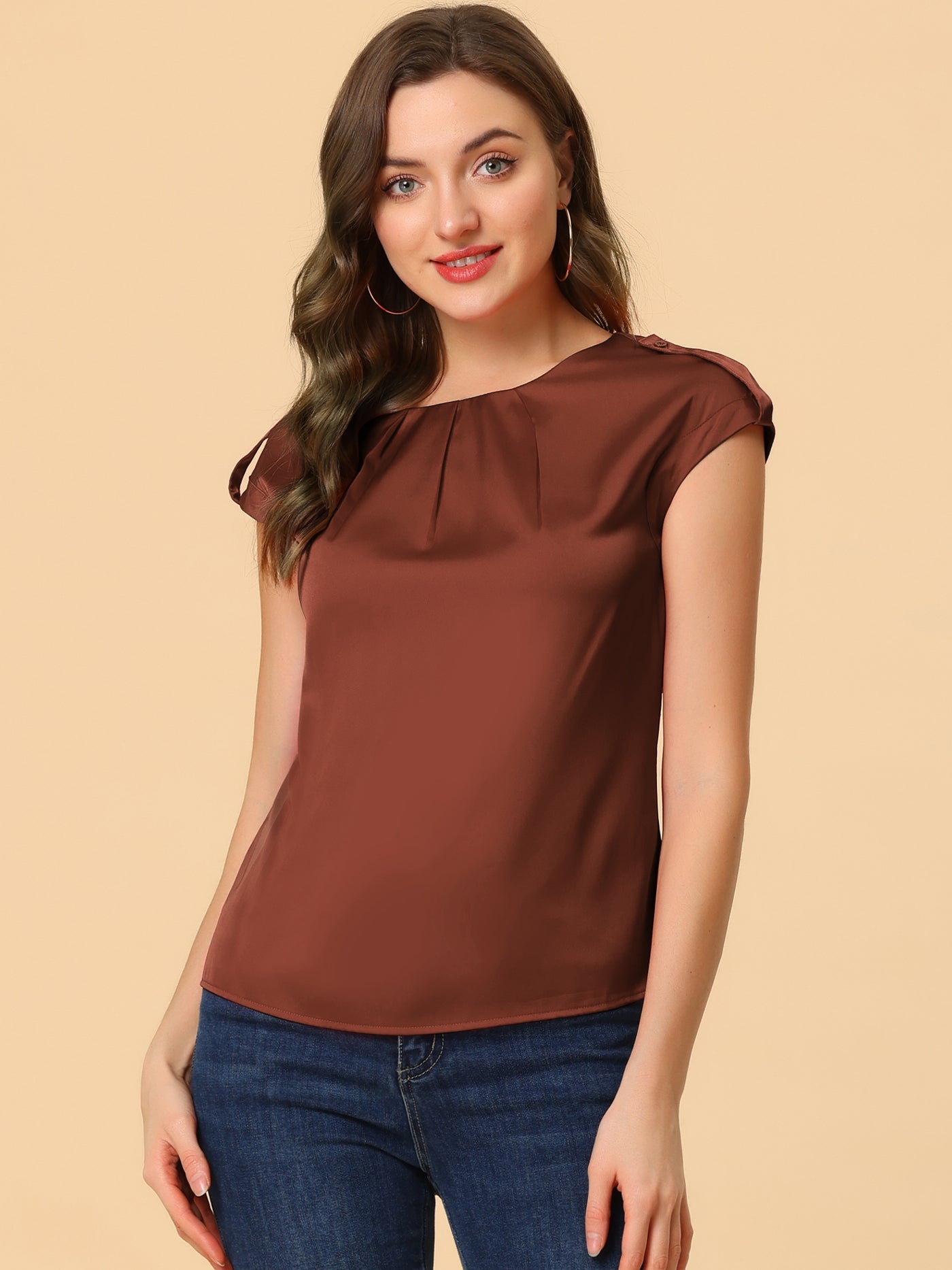 Allegra K Satin Cap Sleeve Top Pleated Casual Work Office Blouse