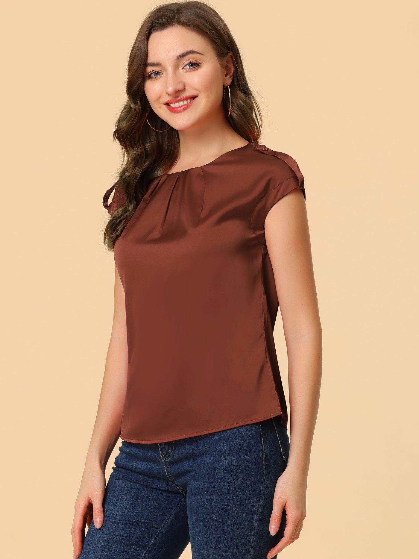 Allegra K Satin Cap Sleeve Top Pleated Casual Work Office Blouse