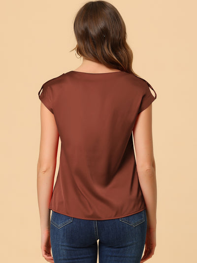 Satin Cap Sleeve Top Pleated Casual Work Office Blouse