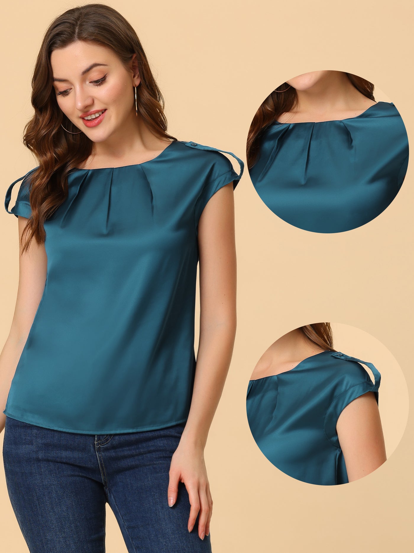 Allegra K Satin Cap Sleeve Top Pleated Casual Work Office Blouse