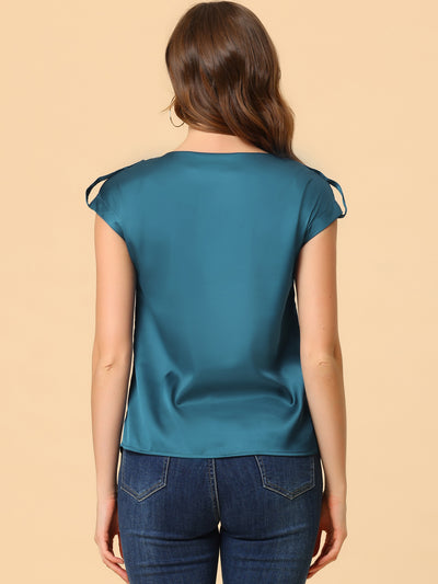 Satin Cap Sleeve Top Pleated Casual Work Office Blouse