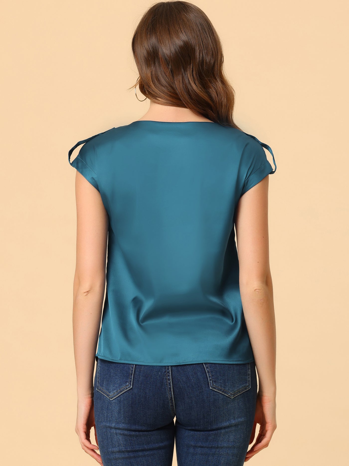 Allegra K Satin Cap Sleeve Top Pleated Casual Work Office Blouse