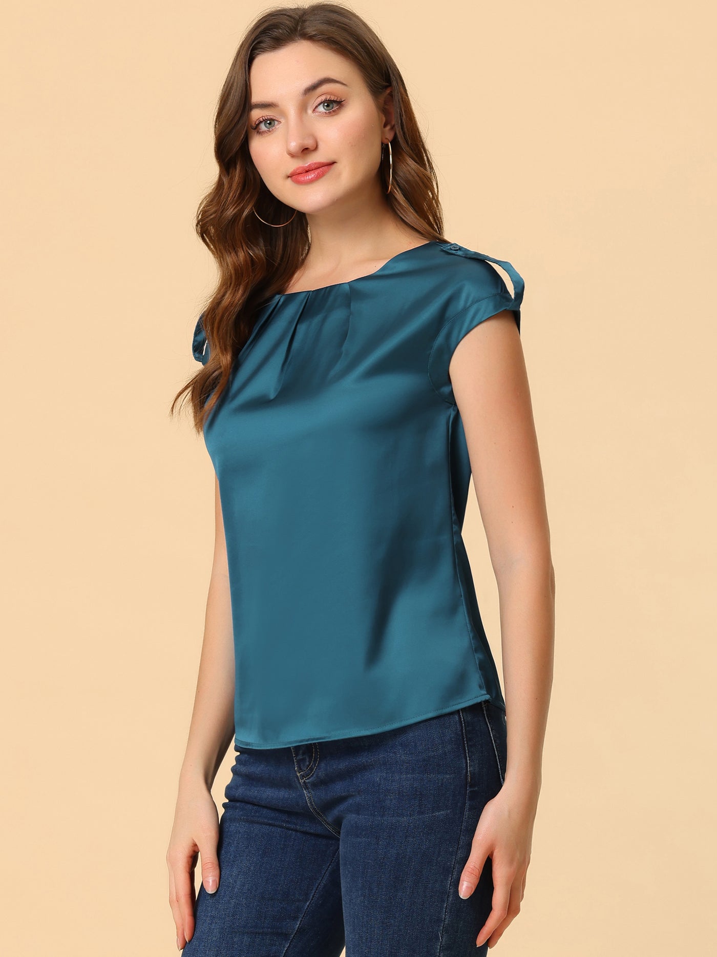 Allegra K Satin Cap Sleeve Top Pleated Casual Work Office Blouse