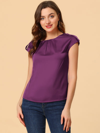 Satin Cap Sleeve Top Pleated Casual Work Office Blouse