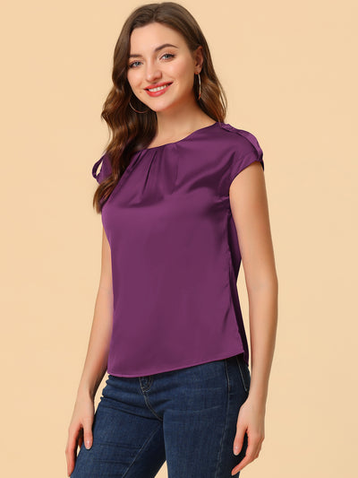 Satin Cap Sleeve Top Pleated Casual Work Office Blouse