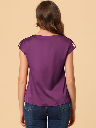 Satin Cap Sleeve Top Pleated Casual Work Office Blouse