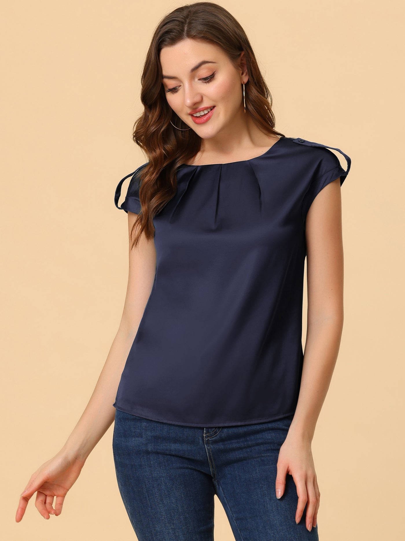 Allegra K Satin Cap Sleeve Top Pleated Casual Work Office Blouse