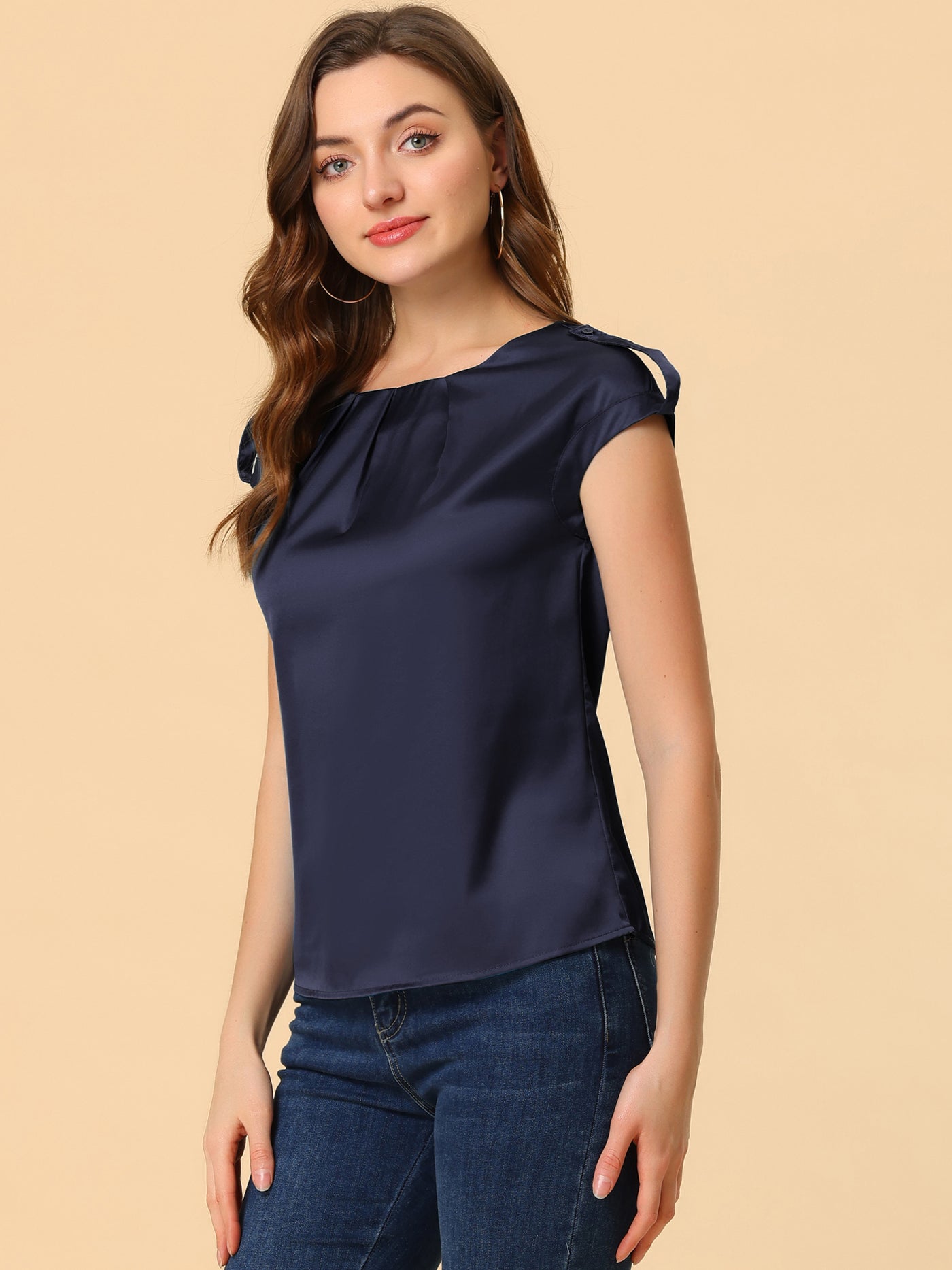 Allegra K Satin Cap Sleeve Top Pleated Casual Work Office Blouse