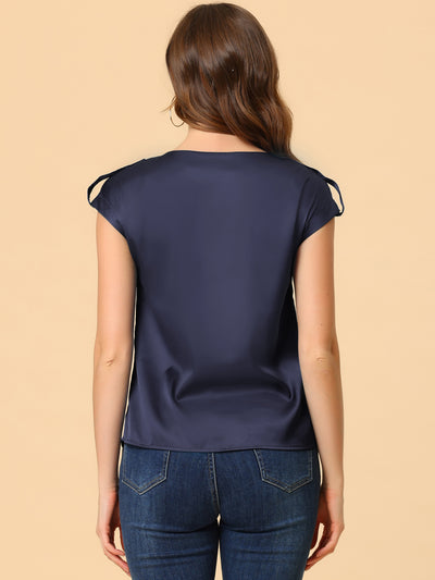 Satin Cap Sleeve Top Pleated Casual Work Office Blouse