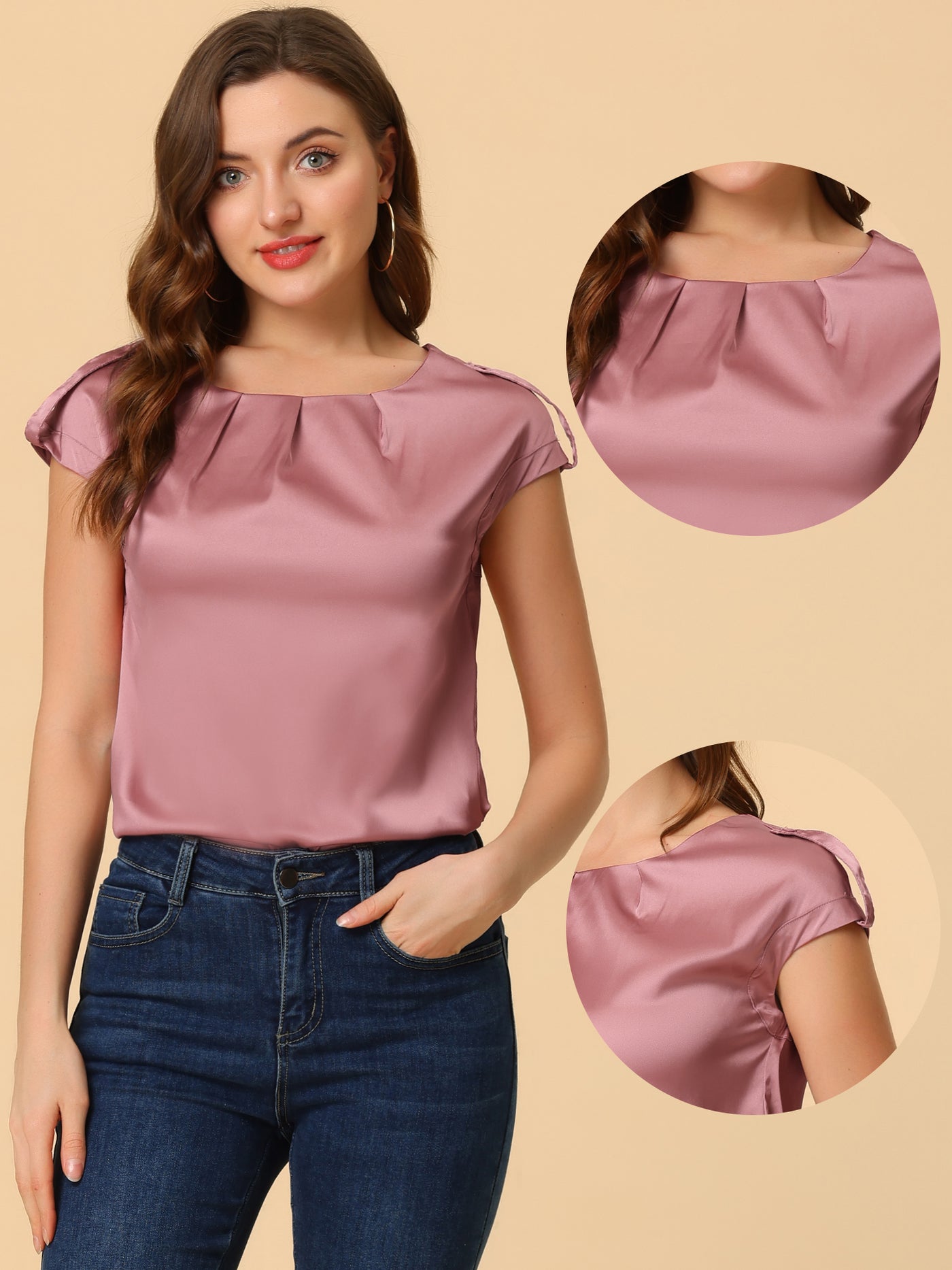 Allegra K Satin Cap Sleeve Top Pleated Casual Work Office Blouse