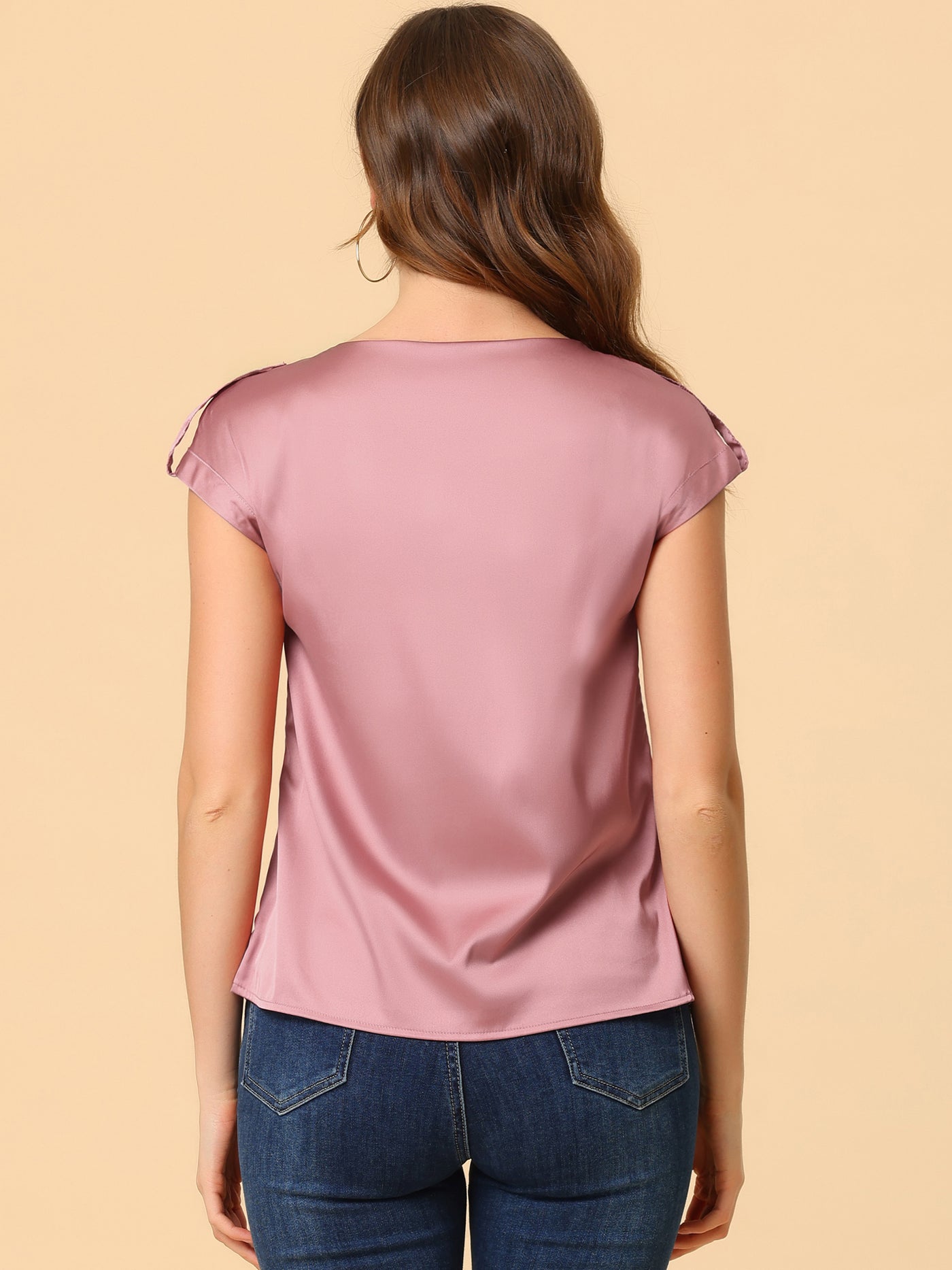 Allegra K Satin Cap Sleeve Top Pleated Casual Work Office Blouse