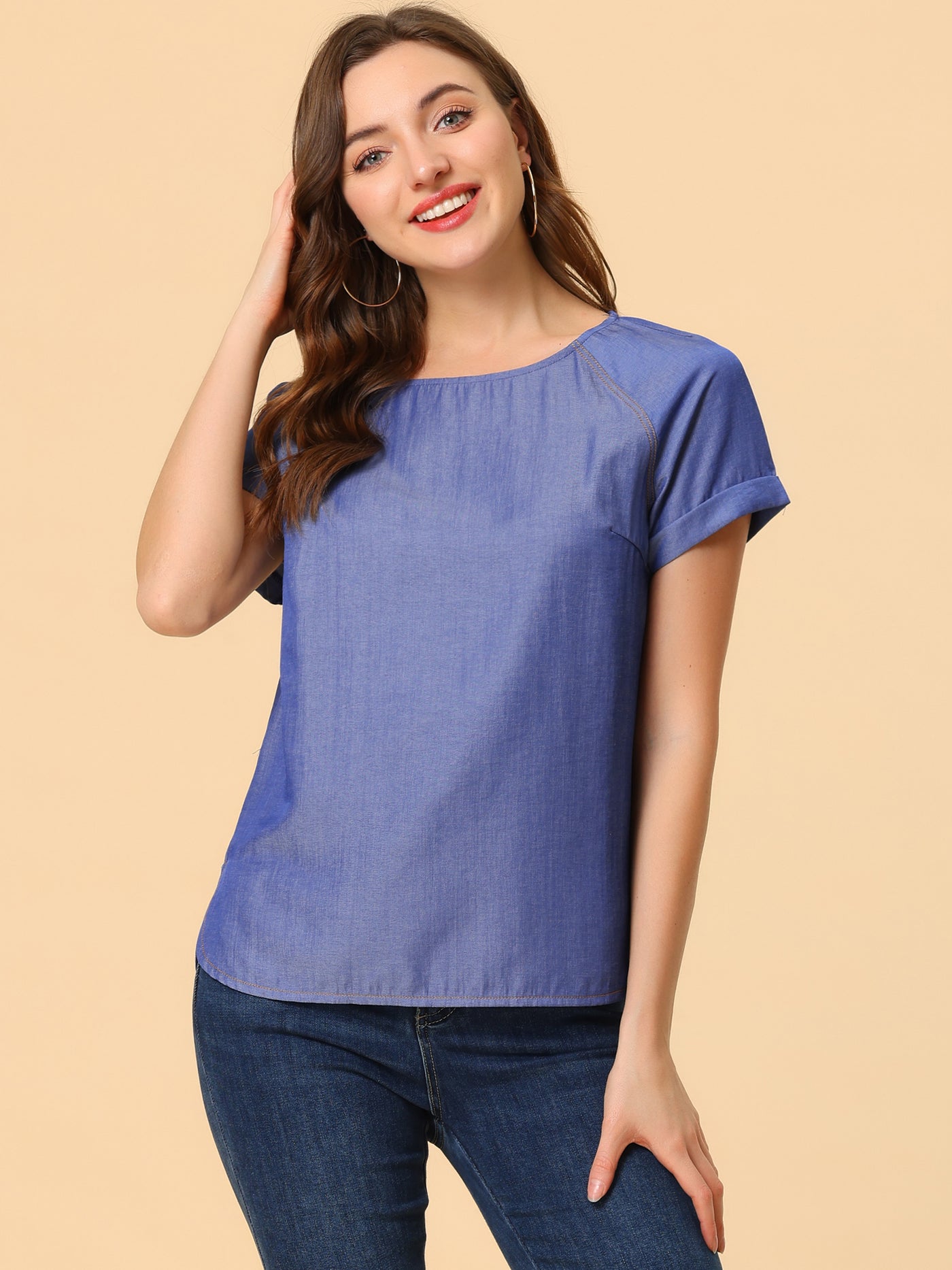 Allegra K Chambray Side Slit Raglan Short Sleeve Top