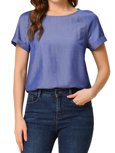 Chambray Side Slit Raglan Short Sleeve Top