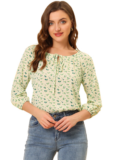 Bow Tie Neck 3/4 Raglan Sleeve Floral Blouse Tops