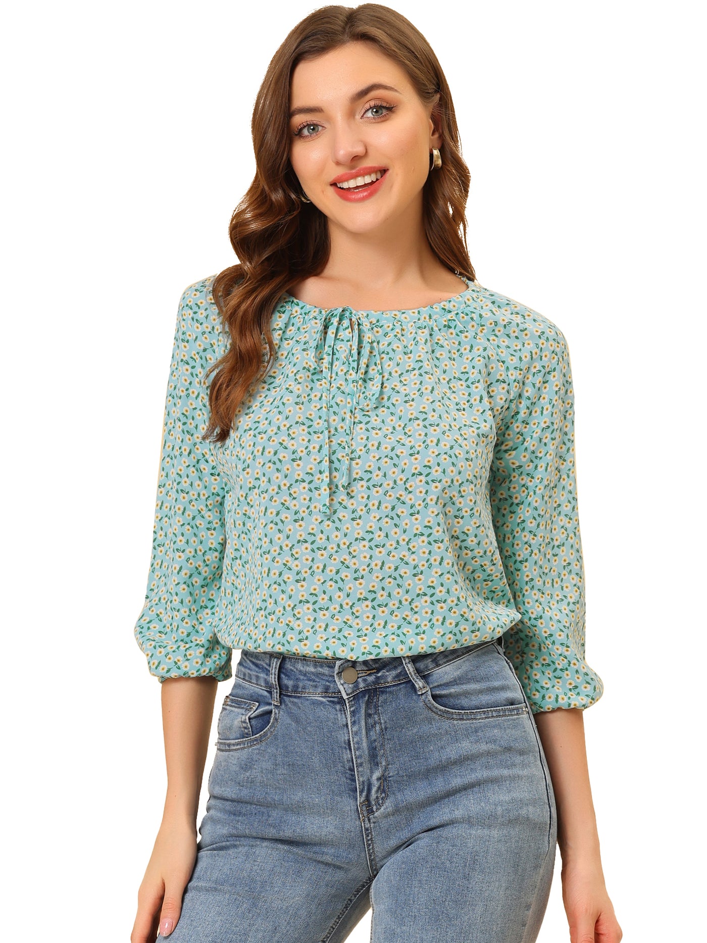 Allegra K Bow Tie Neck 3/4 Raglan Sleeve Floral Blouse Tops