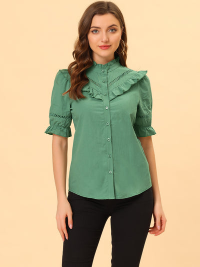 Button Down Cotton Short Sleeve Ruffle Stand Collar Work Blouse