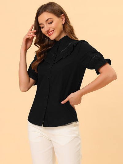 Button Down Cotton Short Sleeve Ruffle Stand Collar Work Blouse