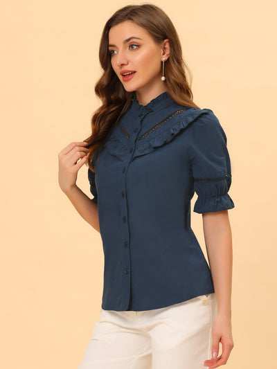 Button Down Cotton Short Sleeve Ruffle Stand Collar Work Blouse