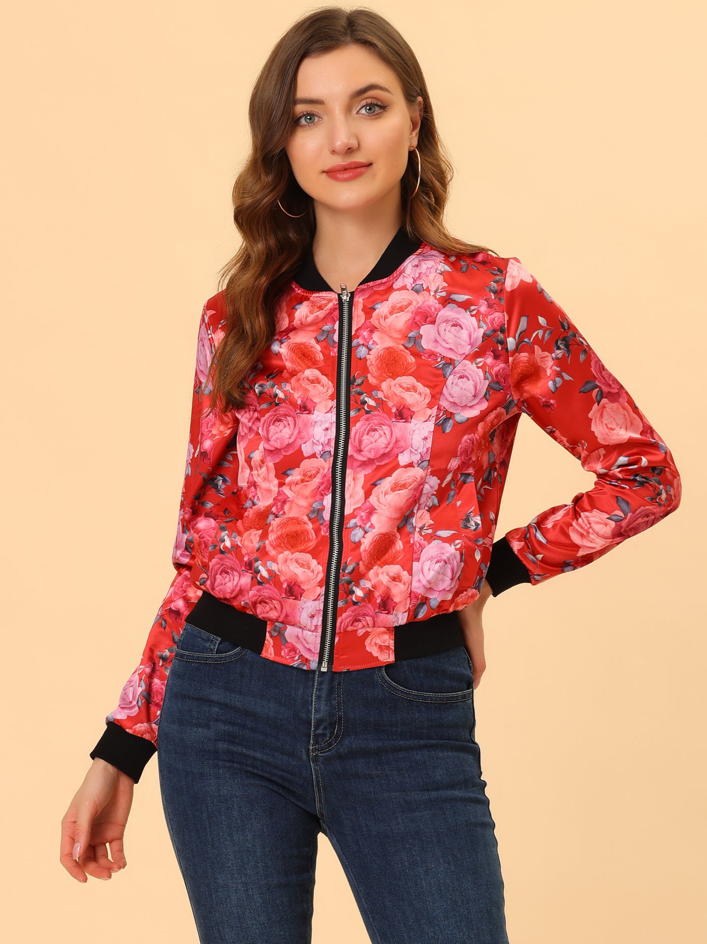 Allegra K Stand Collar Floral Print Zip Up Bomber Jacket