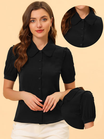 Allegra K Work Collared Peter Pan Collar Short Sleeve Button Front Shirt