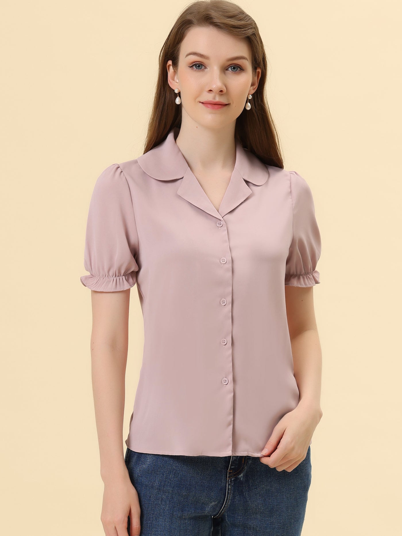 Allegra K Summer Work Lapel Collar Blouse Short Sleeve Button Down Shirt