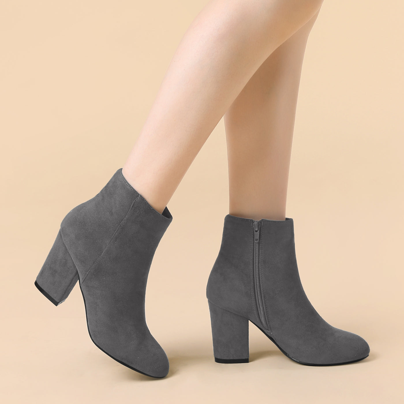 Allegra K Round Toe Side Zip Chunky Heel Ankle Boots