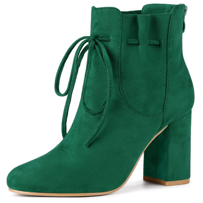 Lace Up Round Toe Drawstring Block Heel Ankle Boots